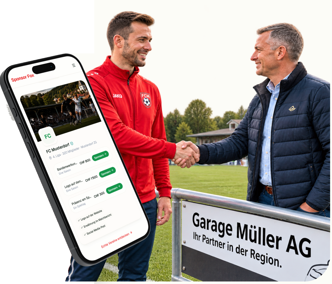 Vereinsprofil FC Musterdorf auf dem Smartphone, davor ein Handschlag zwischen Spieler und Sponsor an der Bande